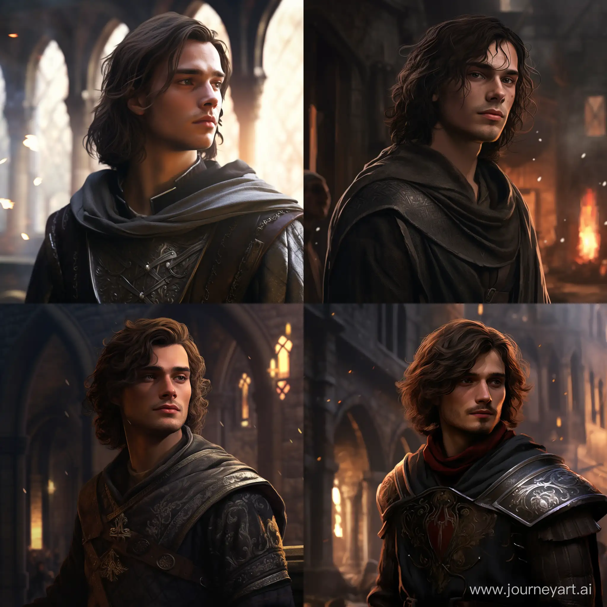 Medieval viceroy's son, 22 years old, wrinkles on face, long brown hair, no beard, transparent large crystal emitting a light black mist on the left and on the right, a black mist hanging around the neck, round nose, medieval city, fantasy, realistic, digital art, 4k, fantasy