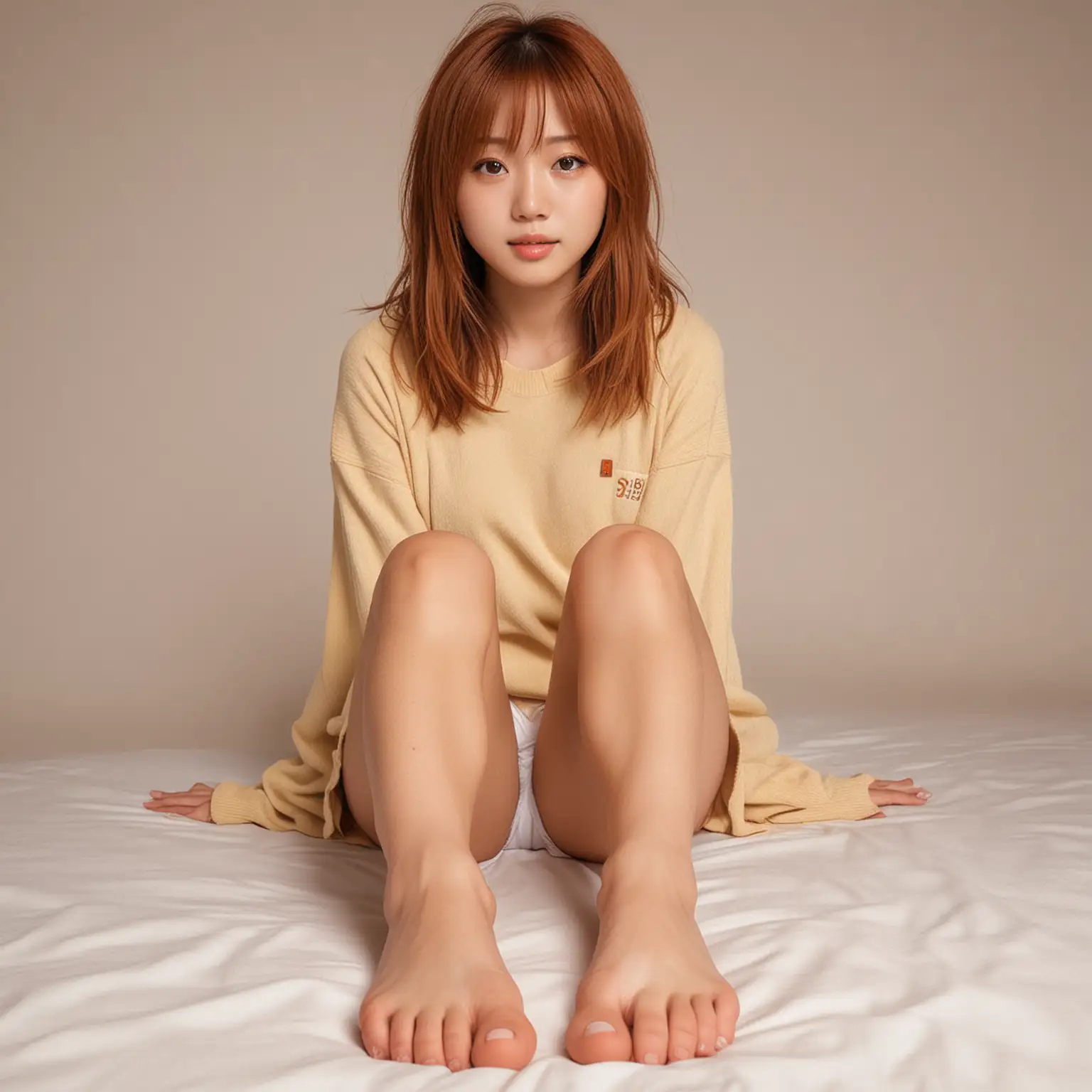 Fullbody Japanese girl with caramel-colored medium length hair, freckles and huge amber eyes showing her feet