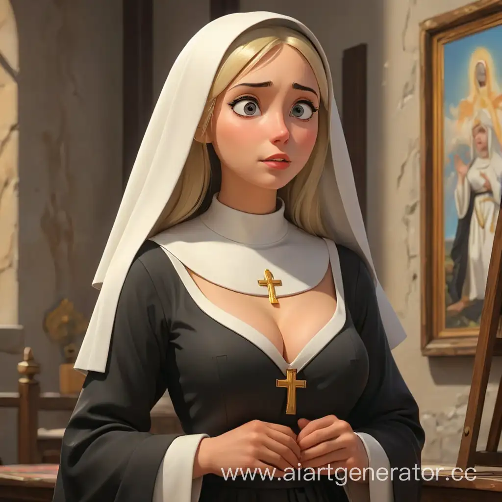 Sensual-Nun-Blonde-Praying-to-Painting-in-3D-Cartoon-Style