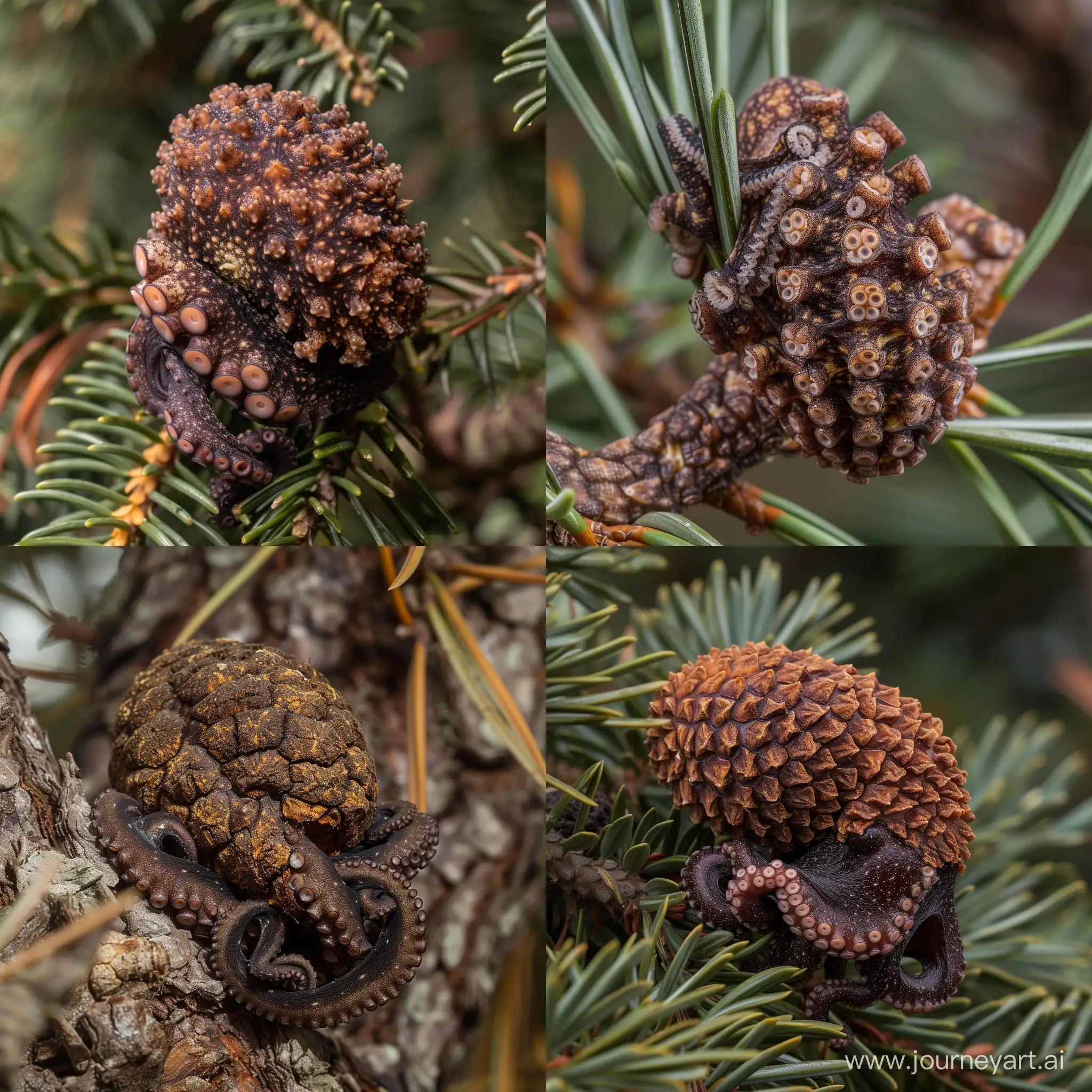 award winning wildlife photo of an small mottled dark brown octopus in a pine tree mimicking the shape, color and texture of a pinecone, covered in pinecone like scales, it could be mistaken for a pinecone, temperate pine rainforest, daylight, telephoto lens, canon camera