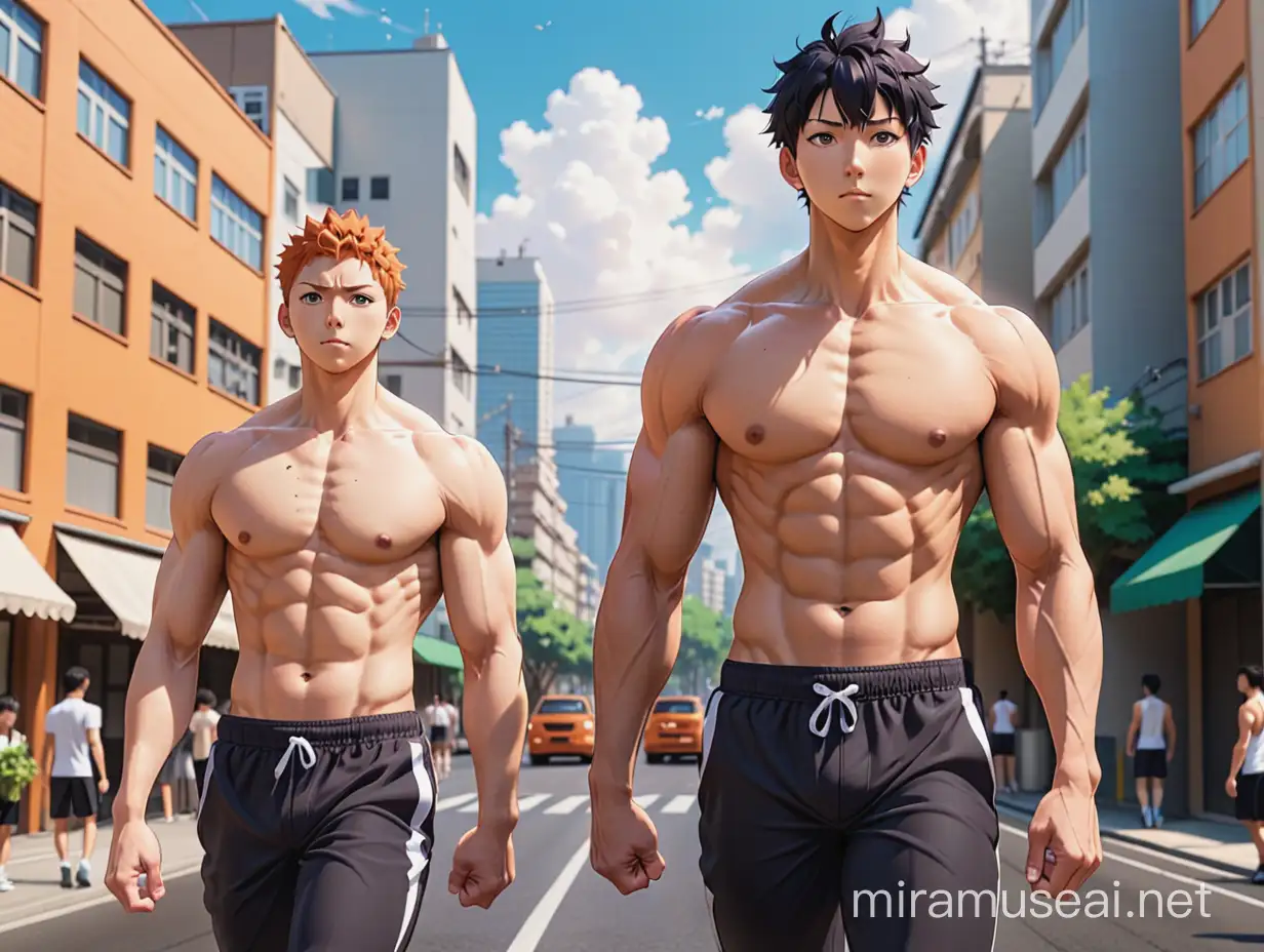 Haikyuu Anime style. Hinata Shouyou, very muscular, big biceps, shirtless, eight pack abs, 2.5 meter tall. Walking in a street, other Shirtless male nearby
