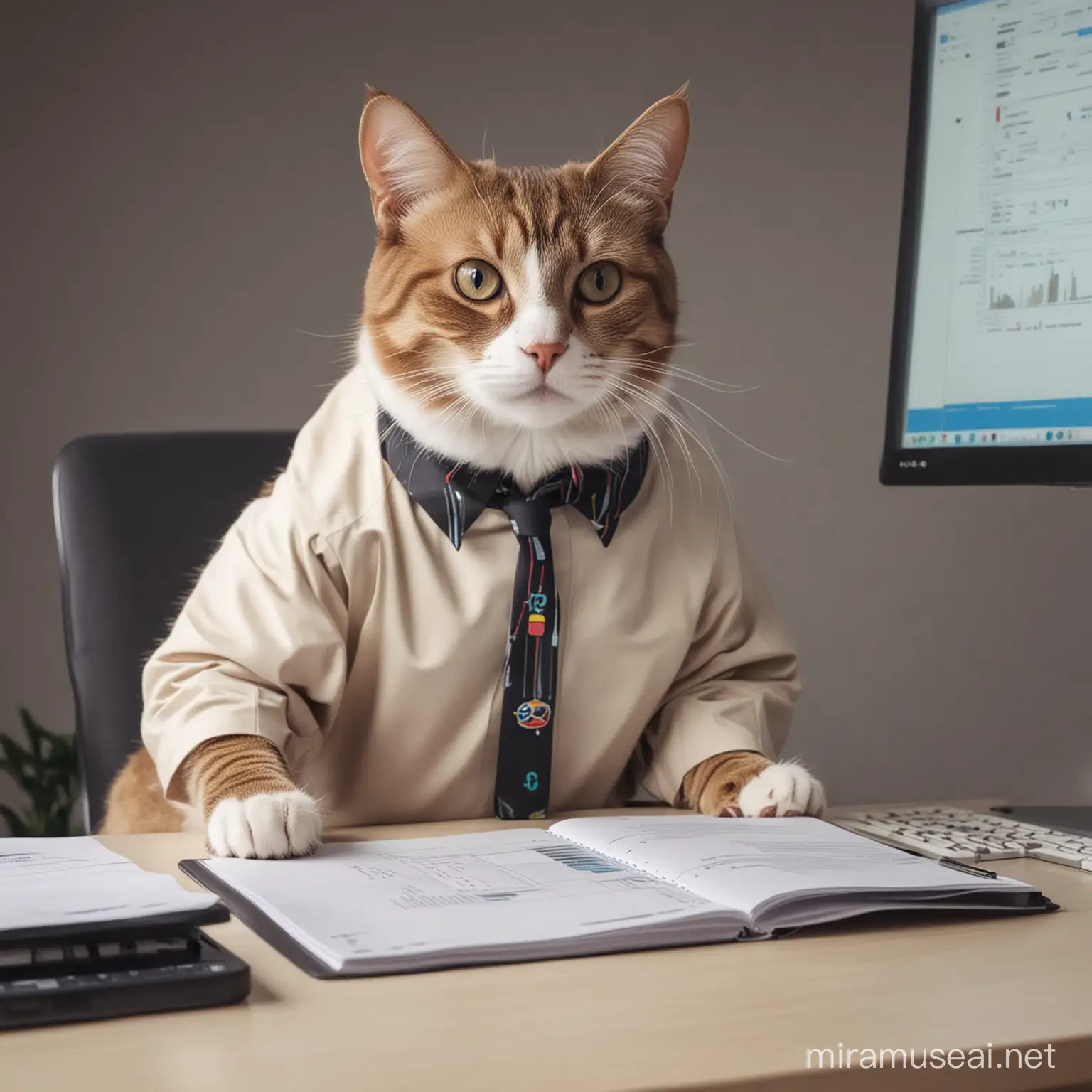 Cat Data Analyst Working on a Computer