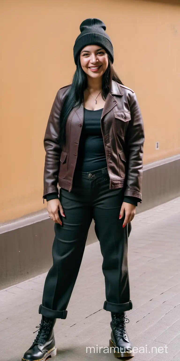 Mujer colombiana de 40 años, sonriente, cabello largo liso negro, con beanie hip hop negro, chaqueta rockera, pantalón drill marrón claro ancho y botas dr Martens en Bogotá.