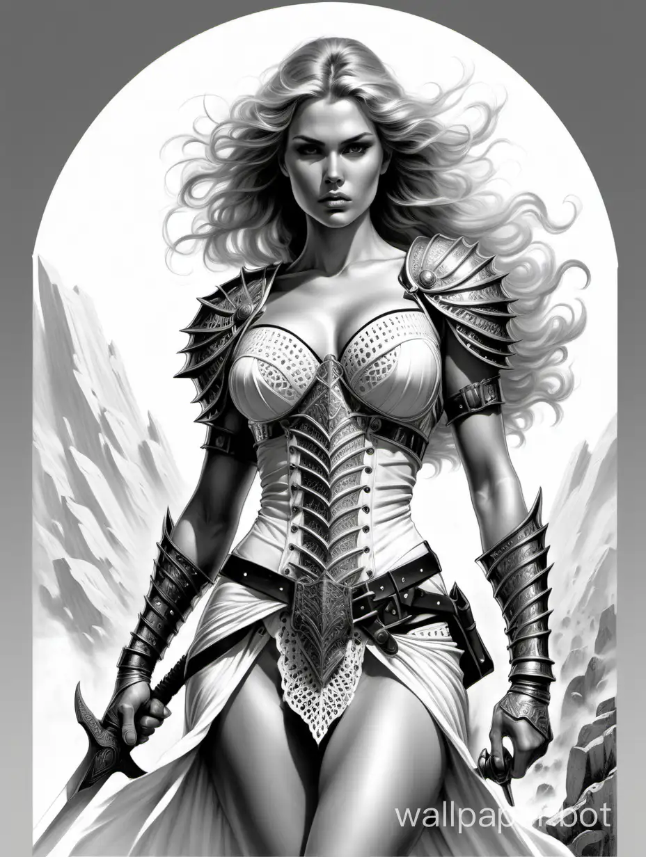 Young Julia Staingruber. Large chest. Narrow waist. Divine sword. Scandinavian warrior. Sky striker. Transparent lace clothing. White background. Black and white sketch. Full height. Quality 8K. White background. Black and white sketch. Style Boris Vallejo