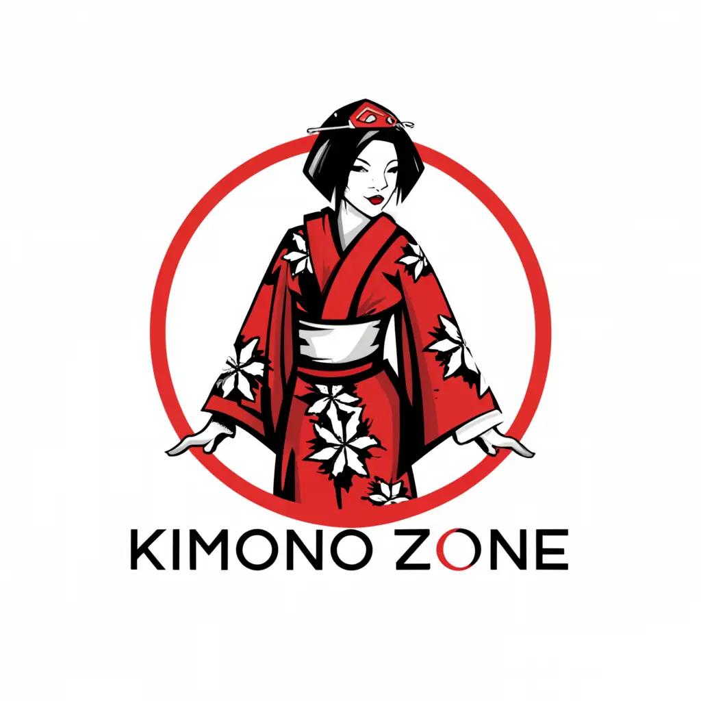 a logo design,with the text "kimono zone", main symbol:Japanese woman, red circle, kimono,complex,be used in Entertainment industry,clear background
