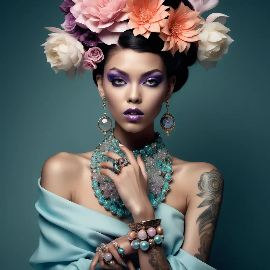 Exotic High Fashion Model Adorned with Pastel Flowers in a Scene of Sophistication and Elegance