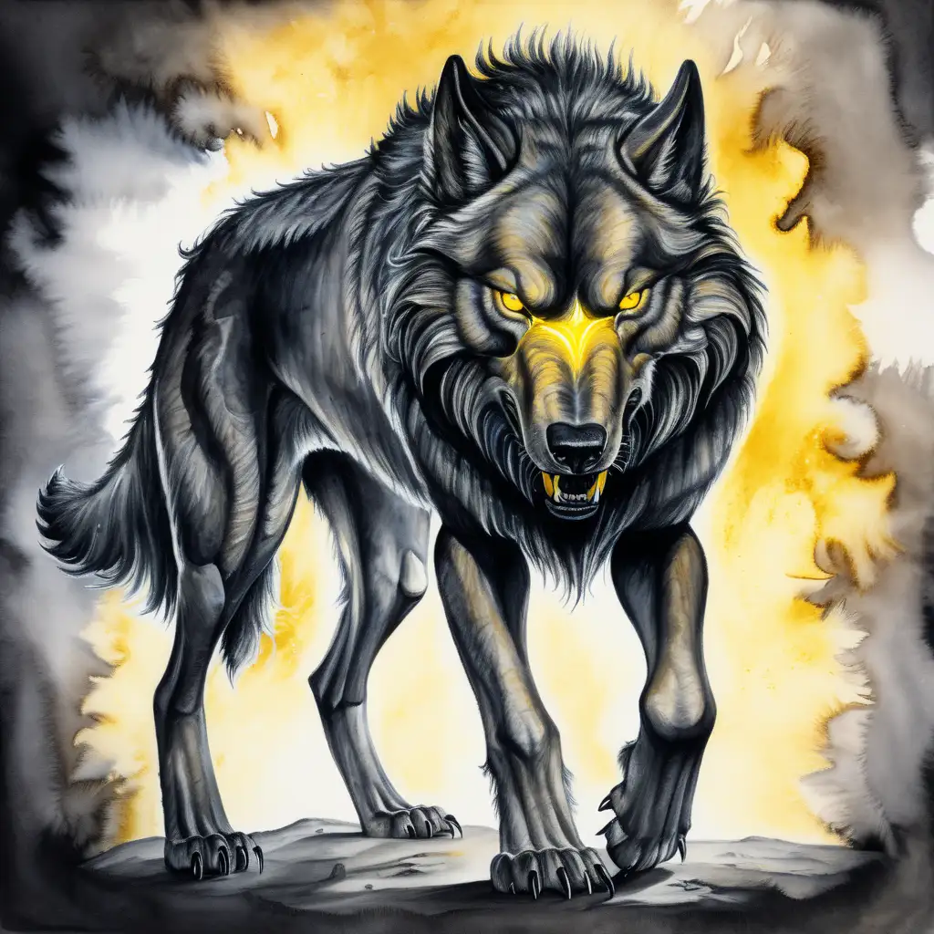 giant dire wolf with yellow eyes glowing, dark watercolor drawing, no background
