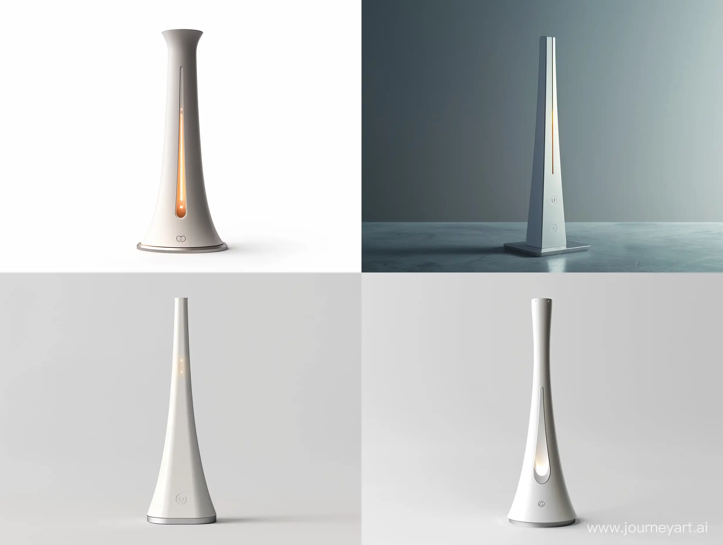 "Imagine  a slender, stand-alone energy gateway with a slight taper towards the top, inspired by Japanese minimalism. The base is made of sustainable aluminium, while the body is constructed from recycled plastics, finished in white or light gray. Standing 30 cm tall with a base diameter of 8 cm, this device features soft LED lighting for notifications and a laser-engraved logo on the aluminium base. It serves as a central hub for smart home devices, simplifying energy management with a touch of Zen-inspired elegance, blending seamlessly into eco-conscious homes."realistic style