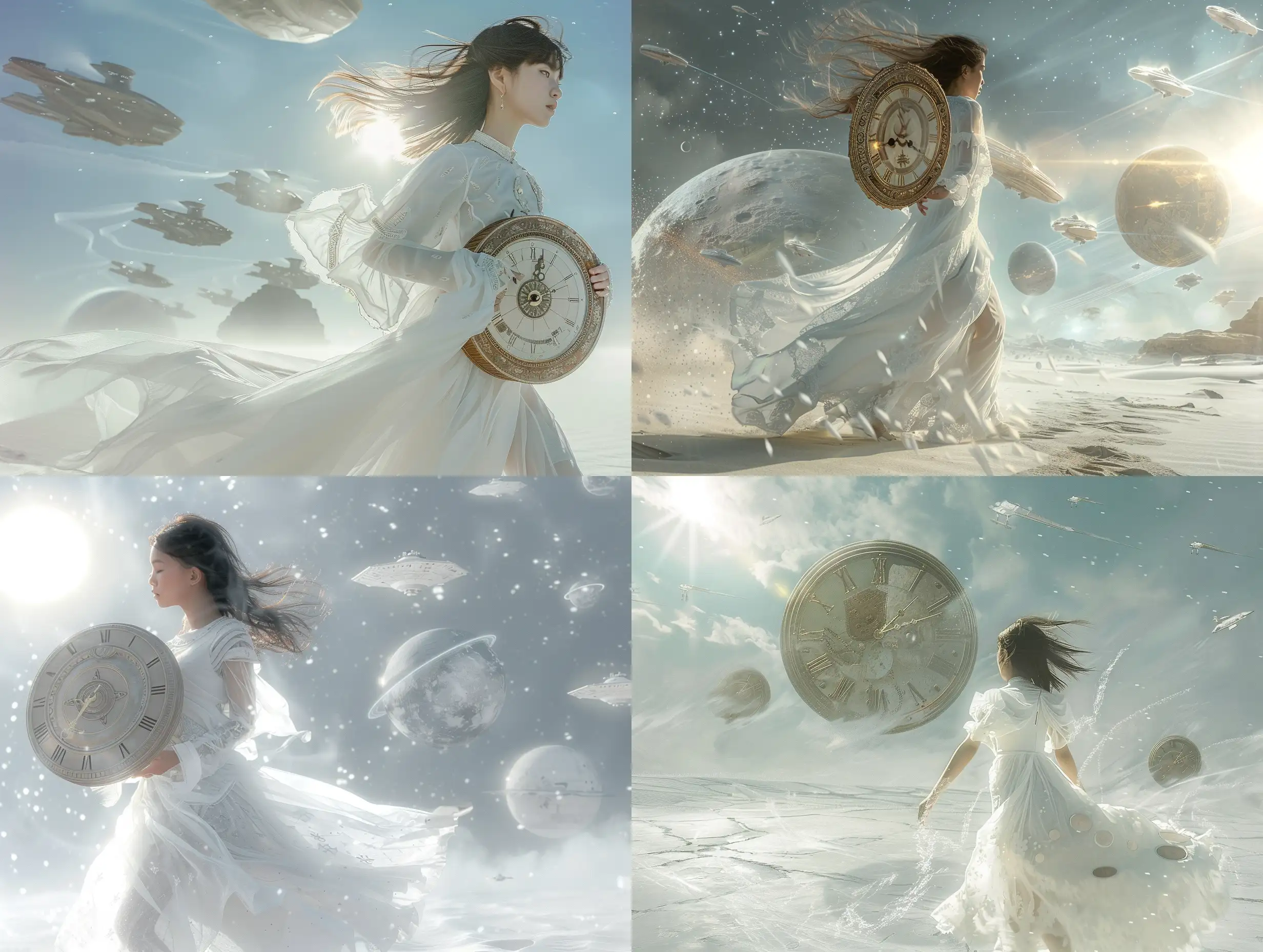 Фантастическая планета в стилистике фильма Дюна, девушка в белом, космическом, полупрозрачном платье, держит в руках огромный старинный циферблат от часов, идёт навстречу солнцу, ветер развевает волосы, на серо-синем небе проплывают космические корабли, 8k, дымка, ультодетализация, плёночная фотография, рассеяние света,  резкий фокус, высокая детализация  