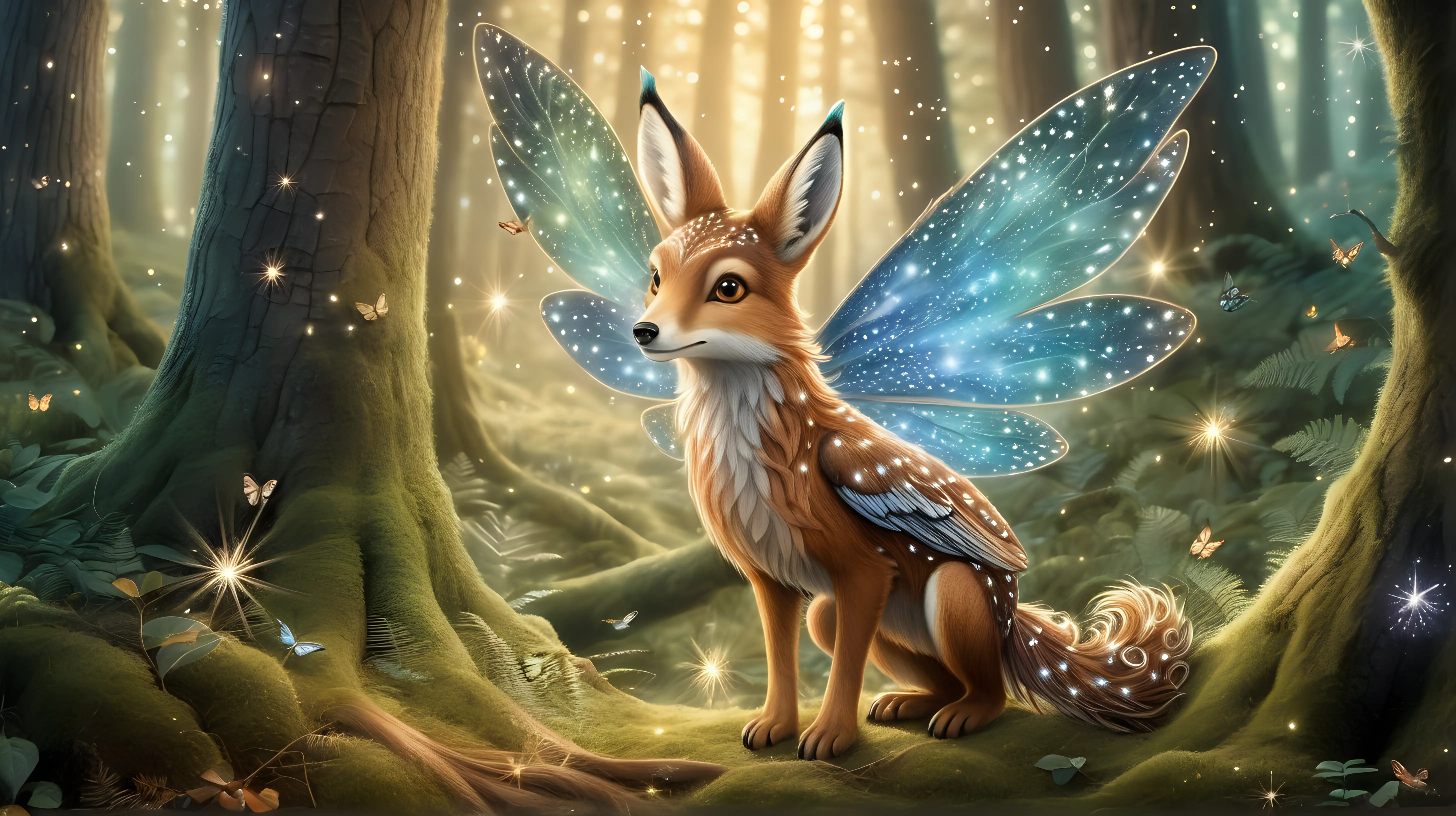 "Illustrate an enchanting forest creature with wings that leave behind a trail of twinkling stardust, spreading magic and charm throughout the woodland."