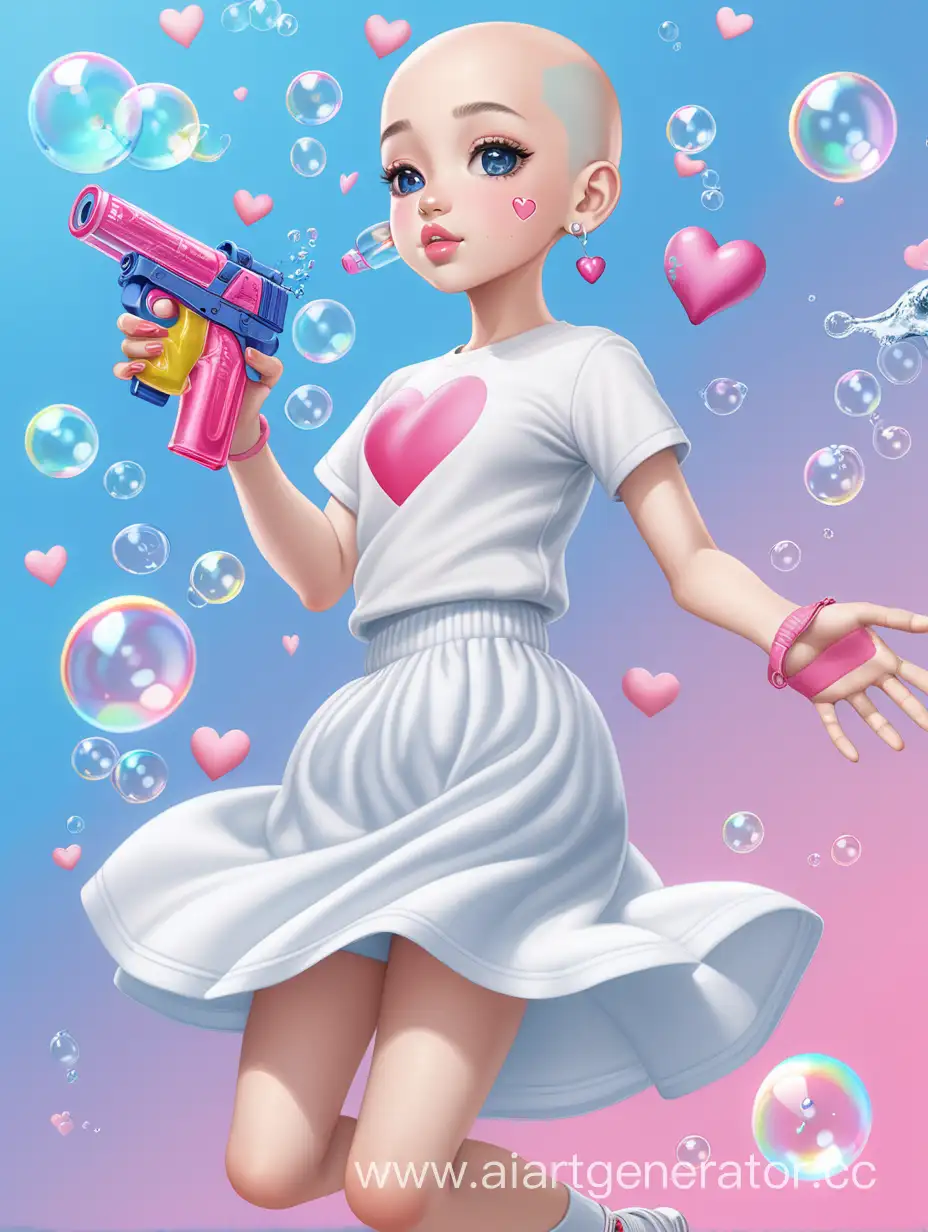 лысая девушка с азиатскими чертами лица, в полный рост, с голубыми глазами и розовыми губами, в белой футболке и в белой юбке, с розовыми сердечками над головой и с белыми сережками, в руках держит водный пистолет из которого летят мыльные пузыри