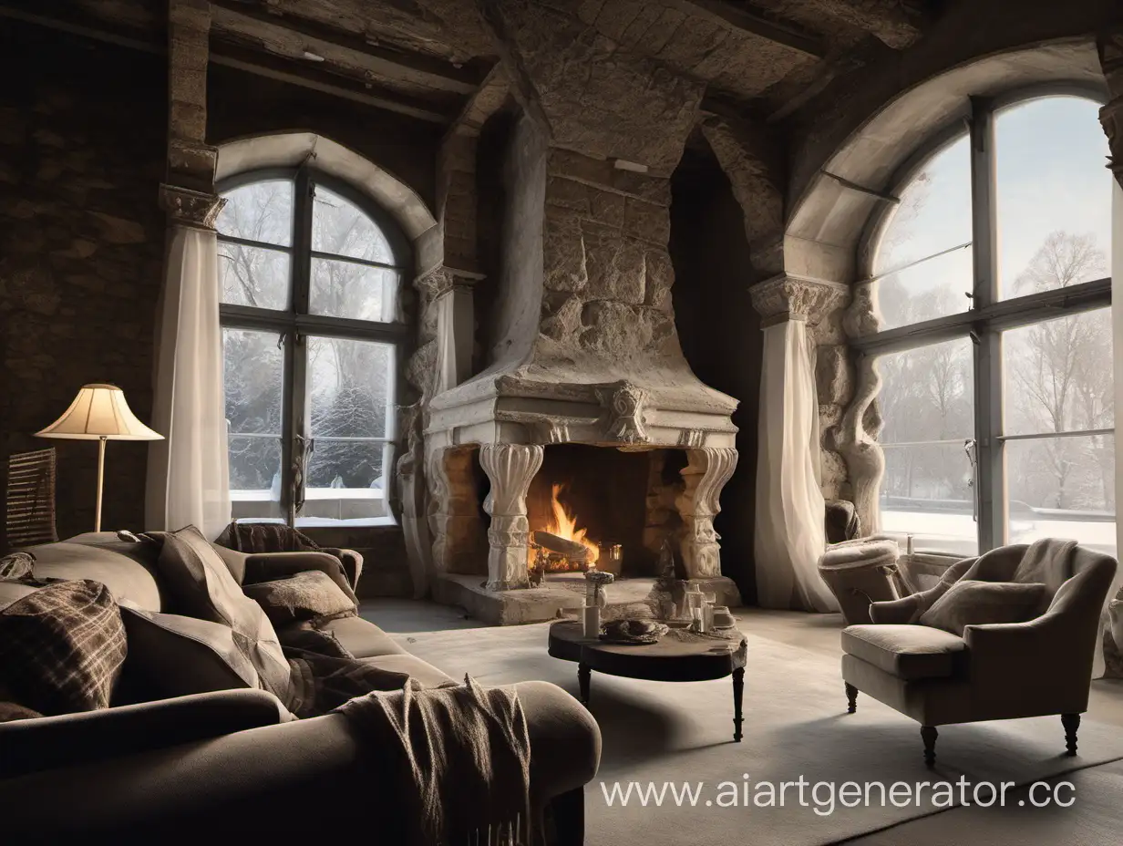 Cozy-Castle-Living-Room-with-Winter-Fireplace-Ambiance
