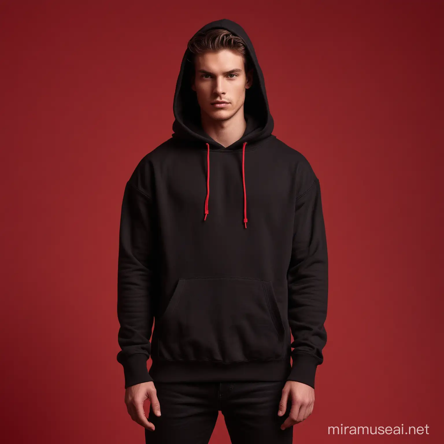 Create me a male model wearing an unprinted black hoodie with no neckband, red color background. Show the model's entire body