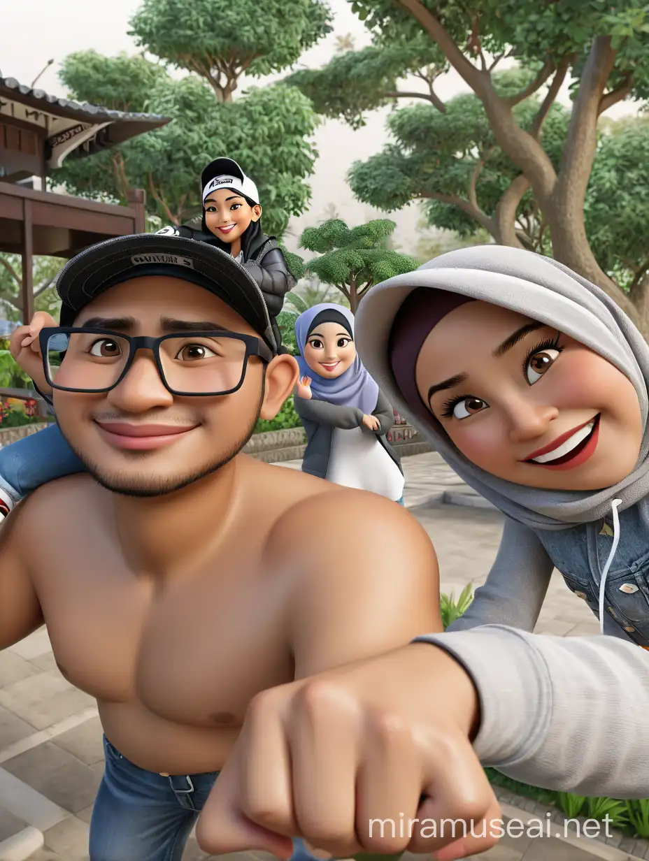 Photo realistic caricature 3d cartoon render, of a couple. one beautiful Indonesian Muslim girl, slightly chubby, Wear hijab with a parka jacket 
and denim jeans complete with white sneakers and one Muslim man, wear flannel shirt, snapback trucker and converse shoes.