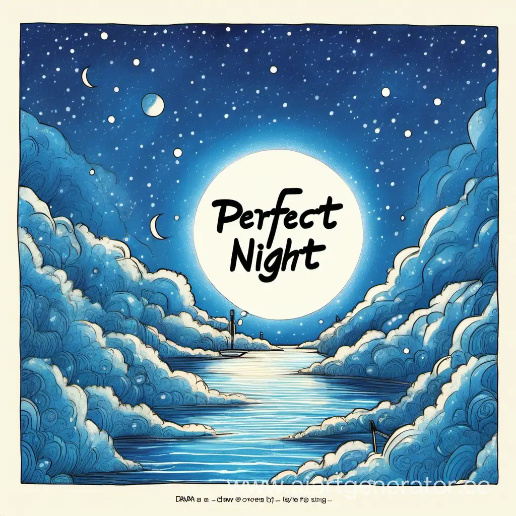 нарисовать обложку для кпоп песни. надпись: "perfect night". в синем цвете. автор: "rona".