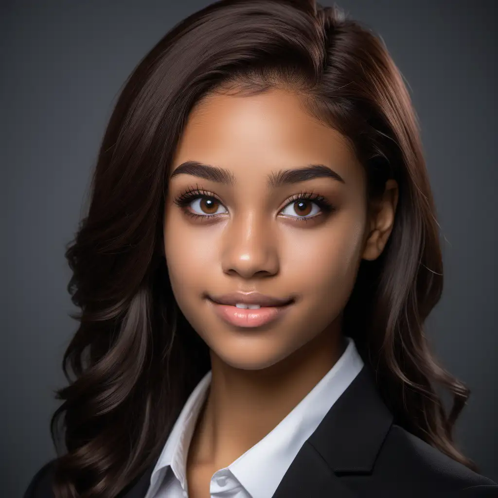 imagine a bi racial 20 year old real estate assistant with brown eyes realistic