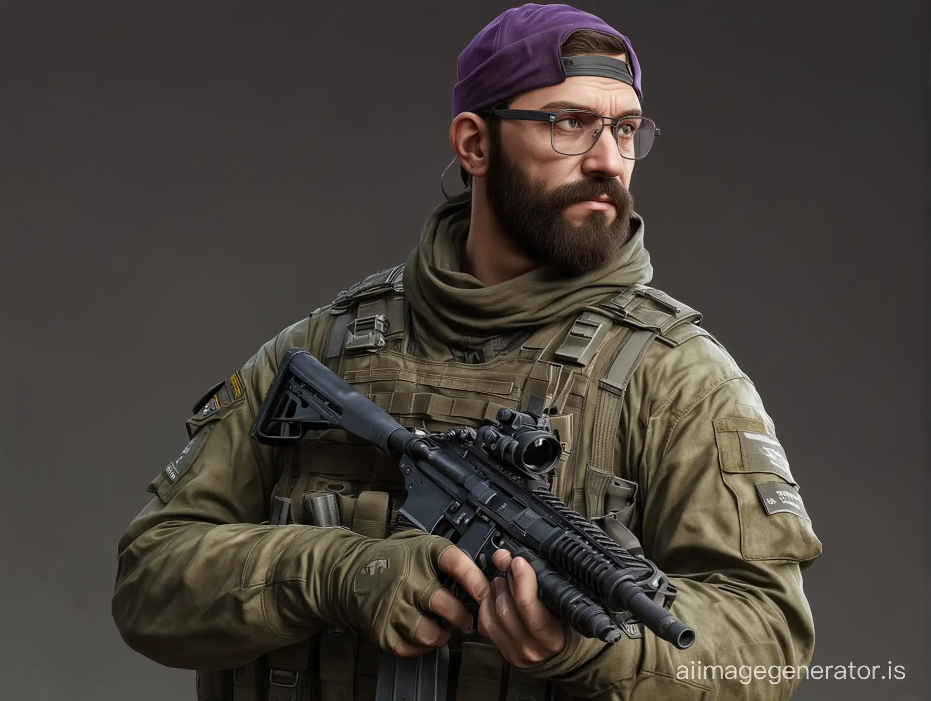 I'd like a realistic image of Frank Fragger dressed up as a soldier from escape from tarkov. Frank Fragger is a streamer on Twitch and he likes purple, and 80s stuff.  
Frank has a beard and he's bold, he has brown eyes and olive skin.  
Frank is using a silenced m4 automatic rifle.  
Can you also add a war background to the image and Frank Fragger logo on the jacket. 