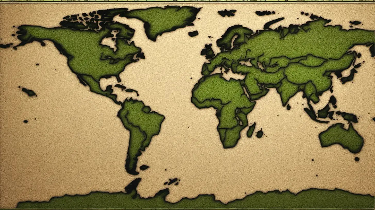 Create an image of the world map where the land areas resemble textured soil in dark brown, add thin green outlining to lands. Earthy aesthetic, simple, no green on the lands