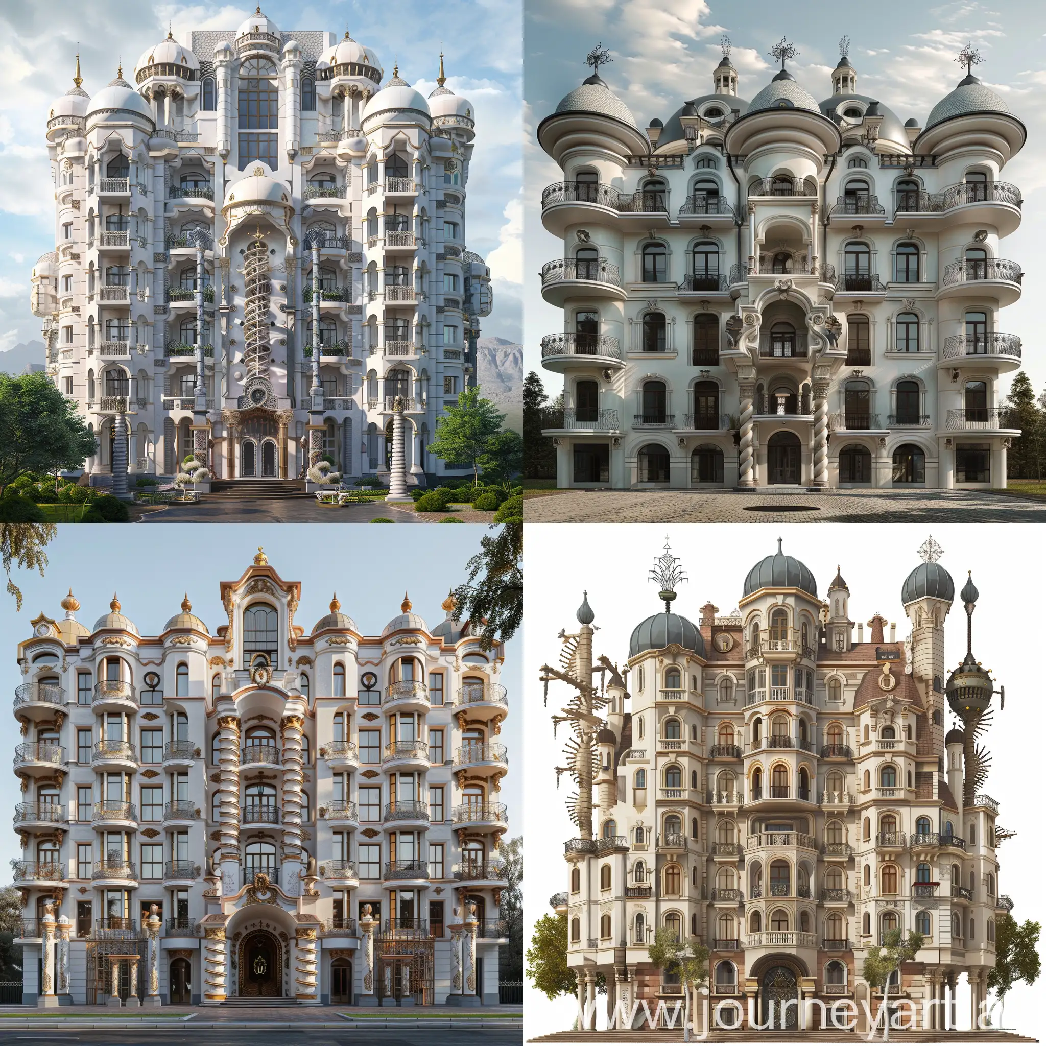 apartment building in baroque style, front portal, domes, spiral pillars, and plague pillars