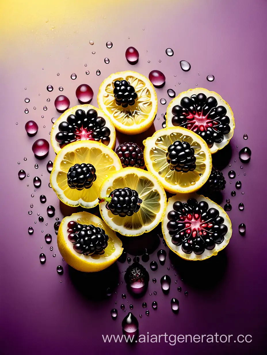 Vibrant-Boysenberry-and-Lemon-Slices-in-Water-Droplets-on-Yellow-Background