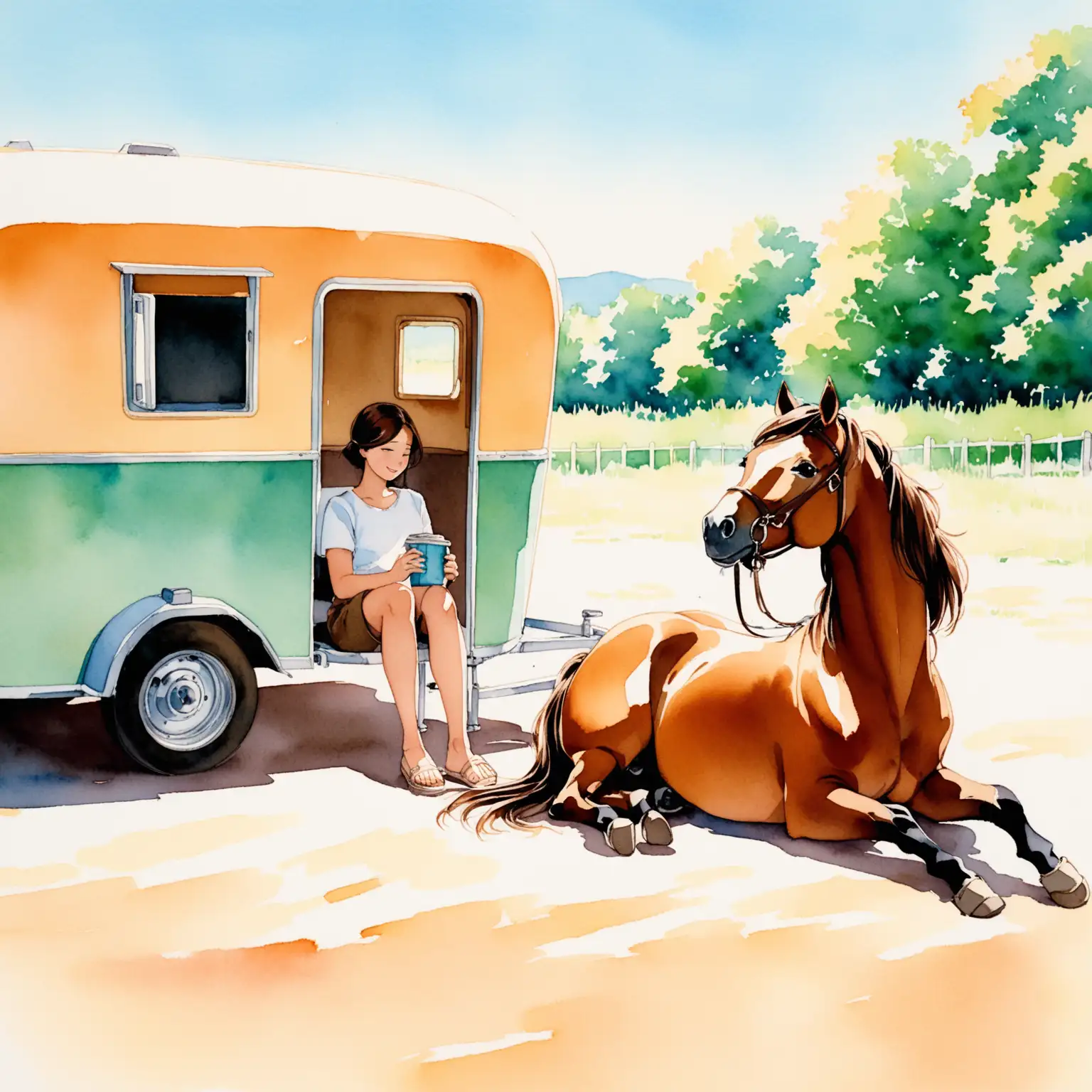 Sunny Days with a Brown Pony and Owner WatercolorStyle 35mm Film Adventure
