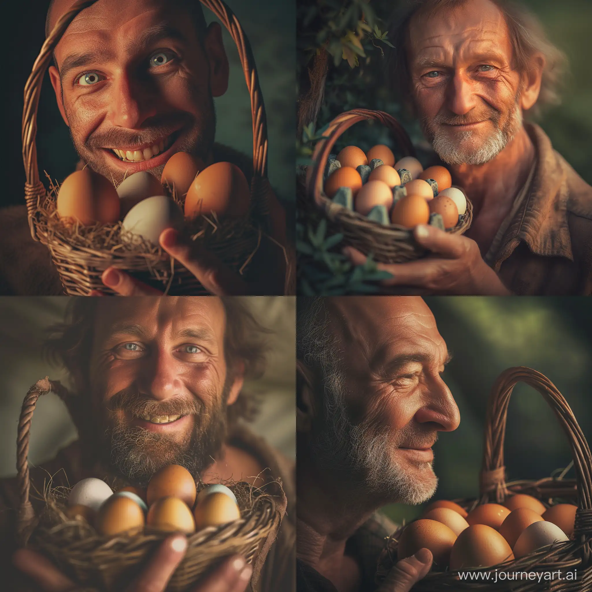 A real man with a kind face and a beautiful smile,
A basket of eggs in the man's hand,
Full details of the man's face and the egg basket,
Egg basket in the middle of the picture, hyperdetailed photography, soft light, summer time, telephoto lens, atmospheric, hyper realistic, 8k, cinematic,