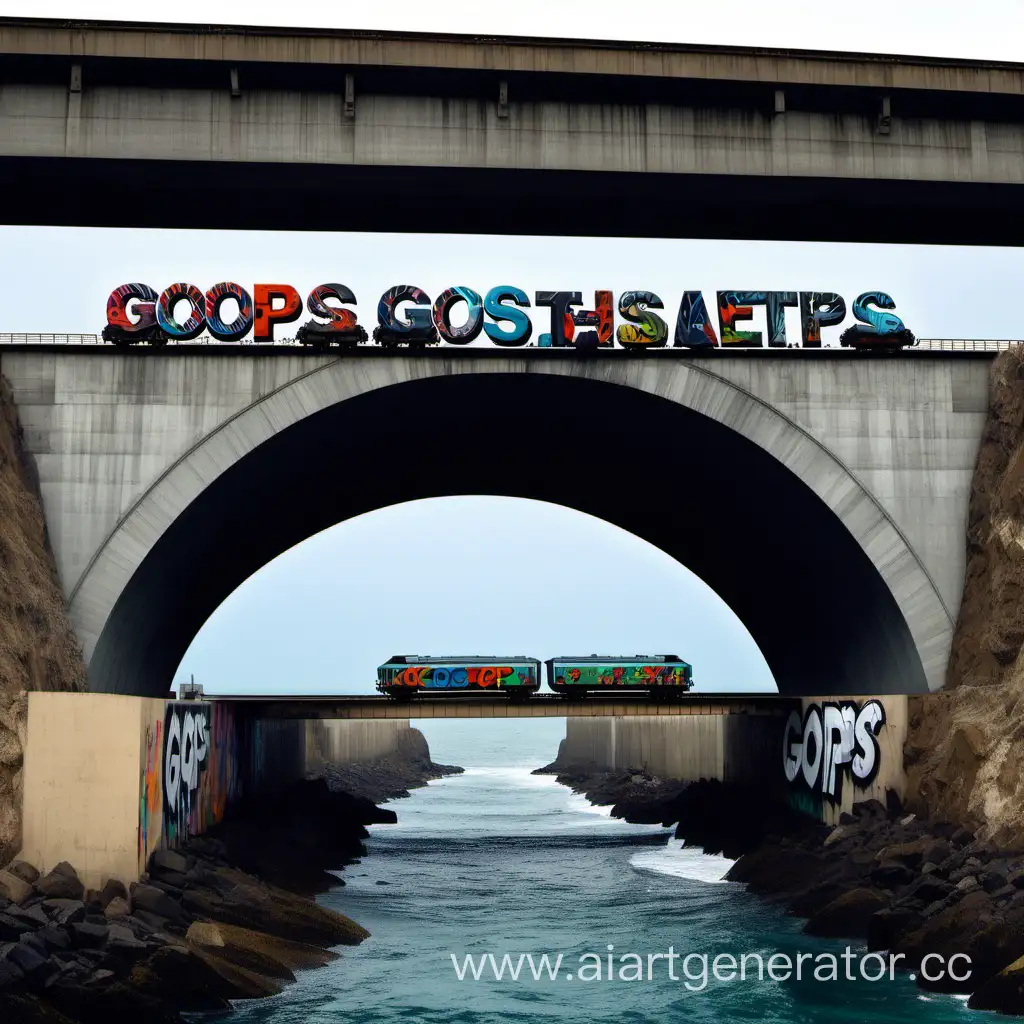 выезжает поезд из туннеля на мост,мост через океан,по нему едет поезд,на поезде нарисовано в стиле граффити большими буквами GOPS, 
