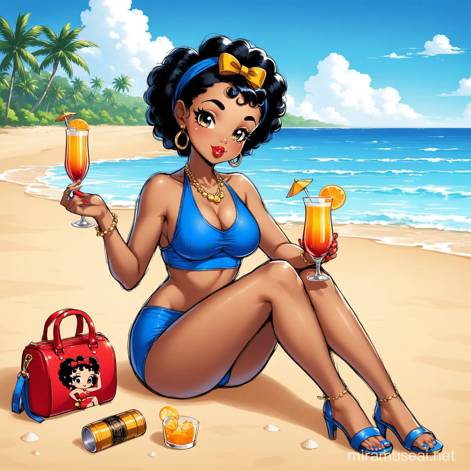 create betty boop african american fashionista with alcoholic drink in hand sitting on a beach in royal blue bathing suit
