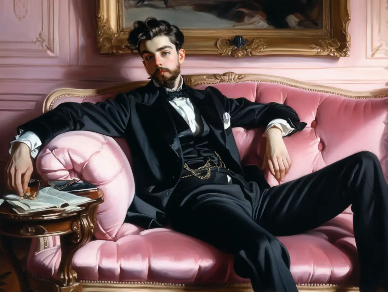 Melancholic Young Man in Black Smoking on Pink Velvet Sofa