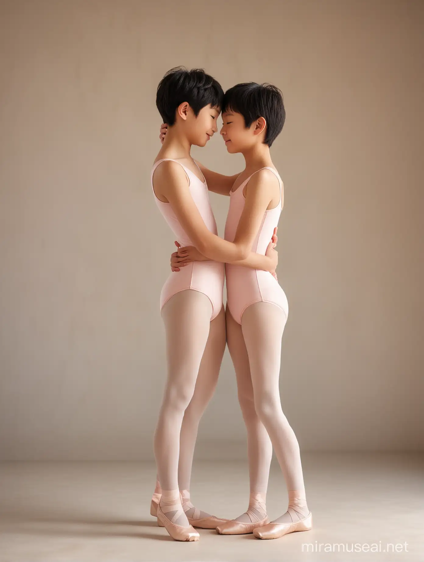 photorealistic, two 12-year-old Japanese boys with short black hair, wearing cute ballet leotards and tights, embracing lovingly in a ballet studio