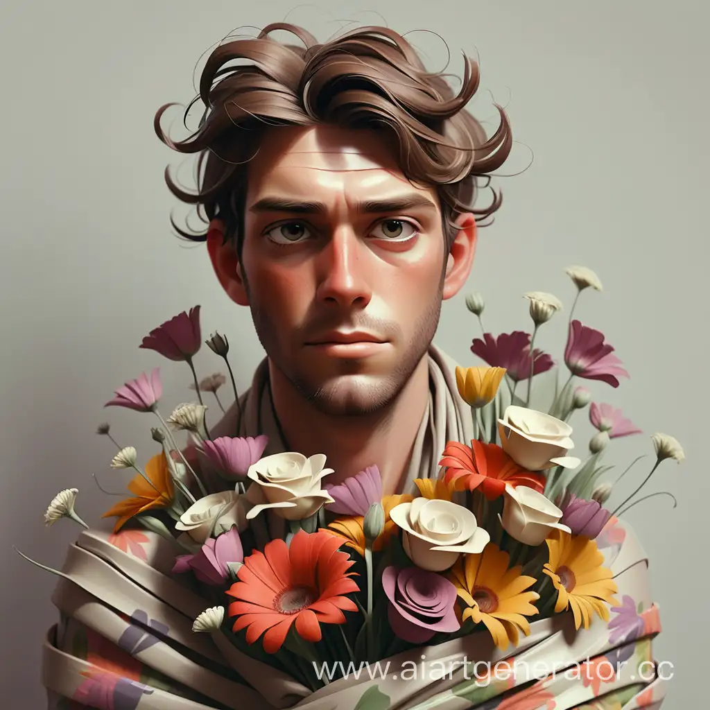 Арт , портрет, парень и его обвивают цветы
