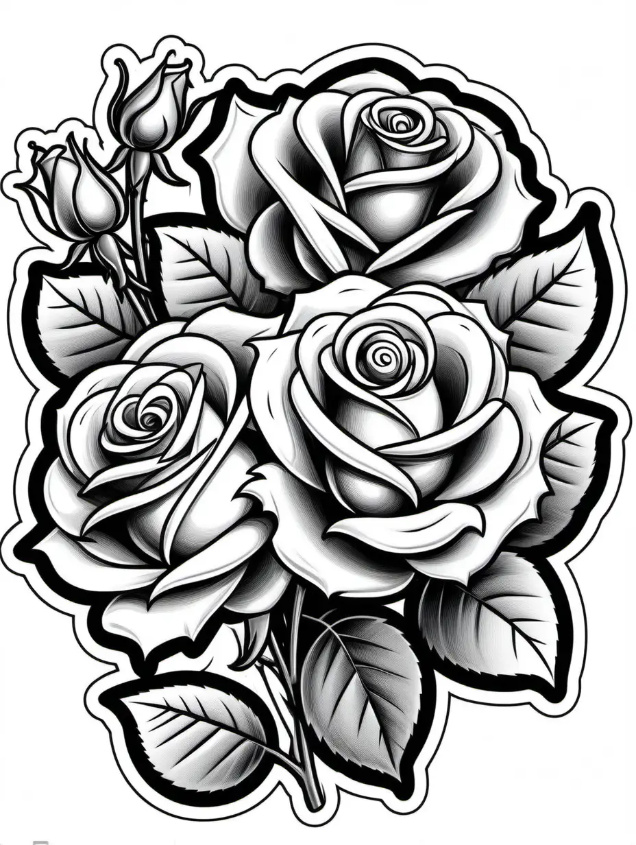 Whimsical Cartoon Roses Sticker in Chic Black and White Coloring Book