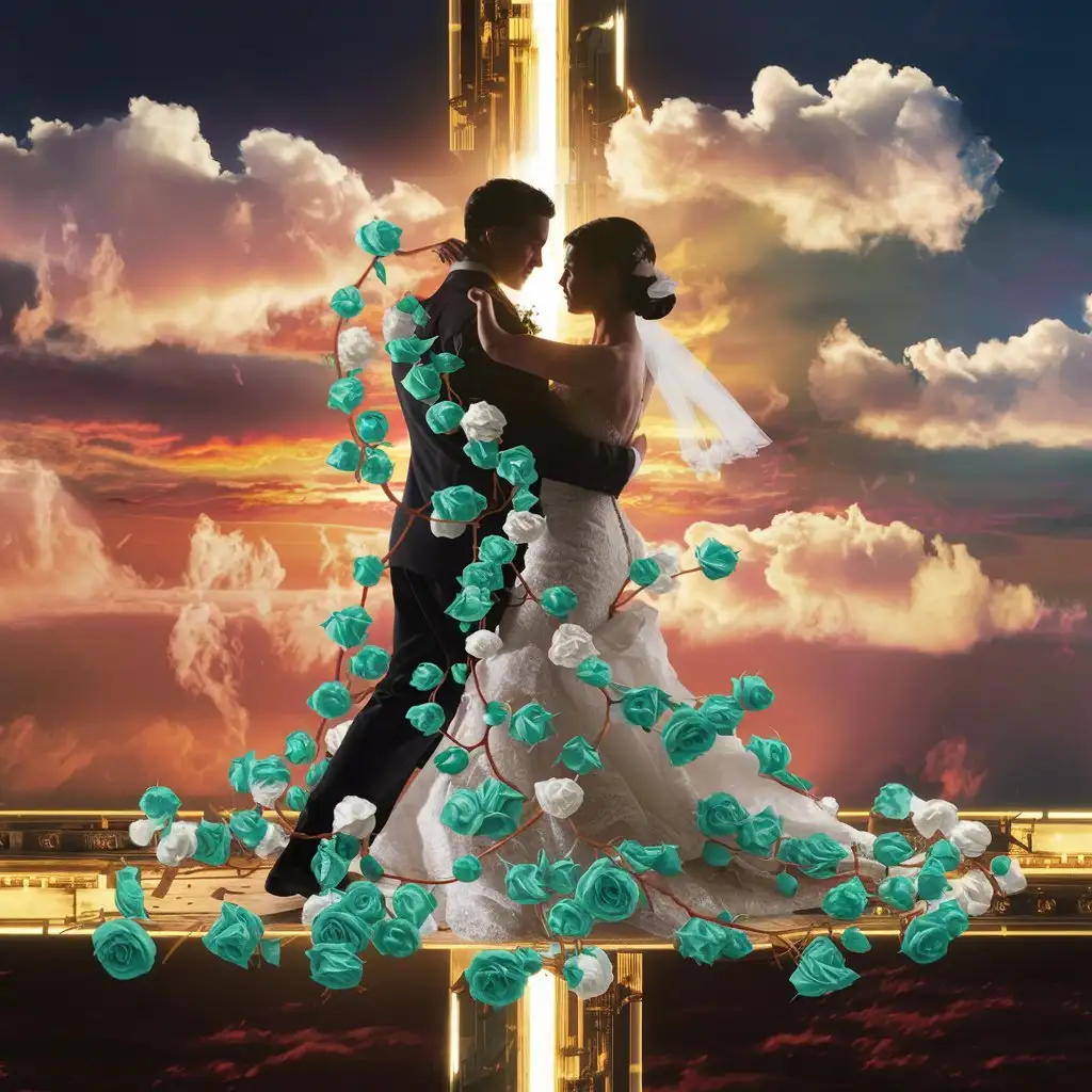 Masterful surrealism. Branches of beautiful white and turquoise climbing roses intertwine and embroider to form the silhouettes of a newlywed couple dancing tango against a backdrop of a fiery surreal sunset and puffy white clouds, ultra-detailed, light from within,  highest quality professional photography, science fiction, intricate artistic masterpiece, golden cross-section, epic, high detail, bright, cinematic portrayal
