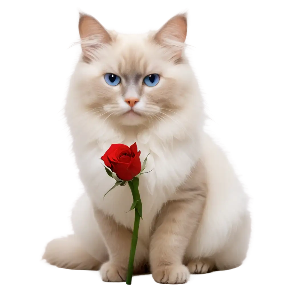 a cat ragdoll white holding rose 