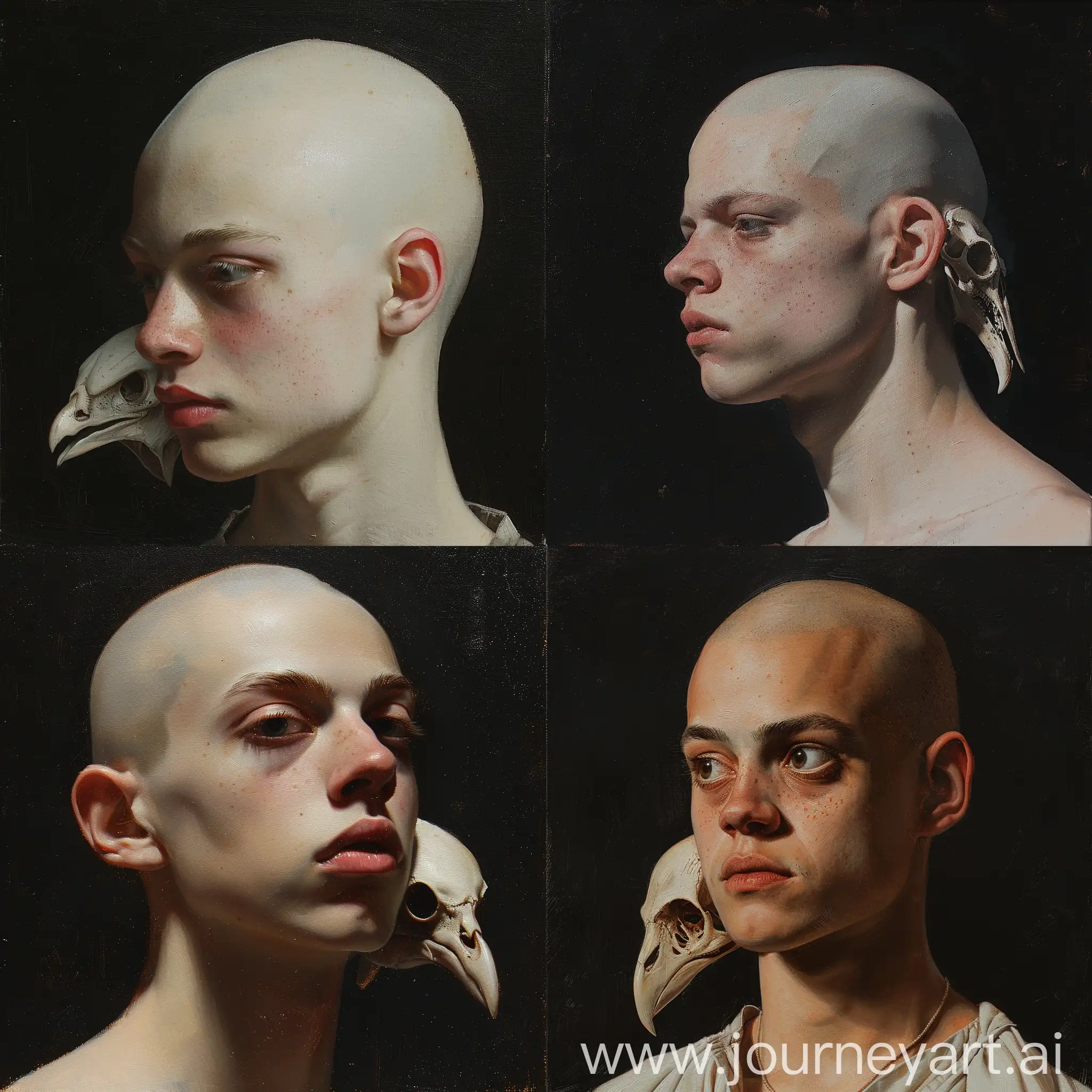 Oil sketch of a bald young man with bird skull, wlop John singer Sargent, jeremy lipkin and rob rey, range murata jeremy lipking, John singer Sargent, black background, jeremy lipkin, lensculture portrait awards, casey baugh and james jean, detailed realism in painting, award-winning portrait, amazingly detailed oil painting