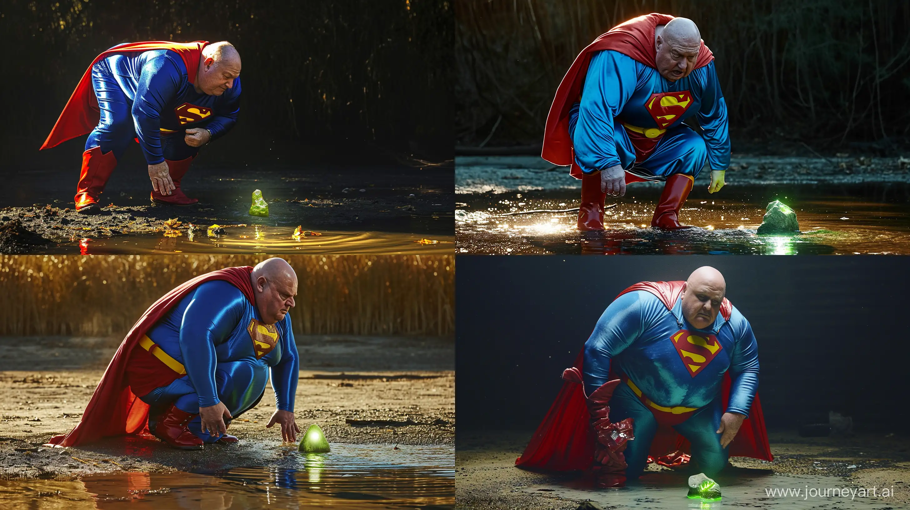 Lateral photo of a chubby man aged 70 wearing a silky royal blue superman costume with a large red cape, red boots, royal blue shirt, royal blue pants, yellow belt and red trunks. He is crawling on all four in water away from a tiny glowing green rock in front of him. Direct Sunlight. Bald. Clean Shaven. Outside. --style raw --ar 16:9 --v 6