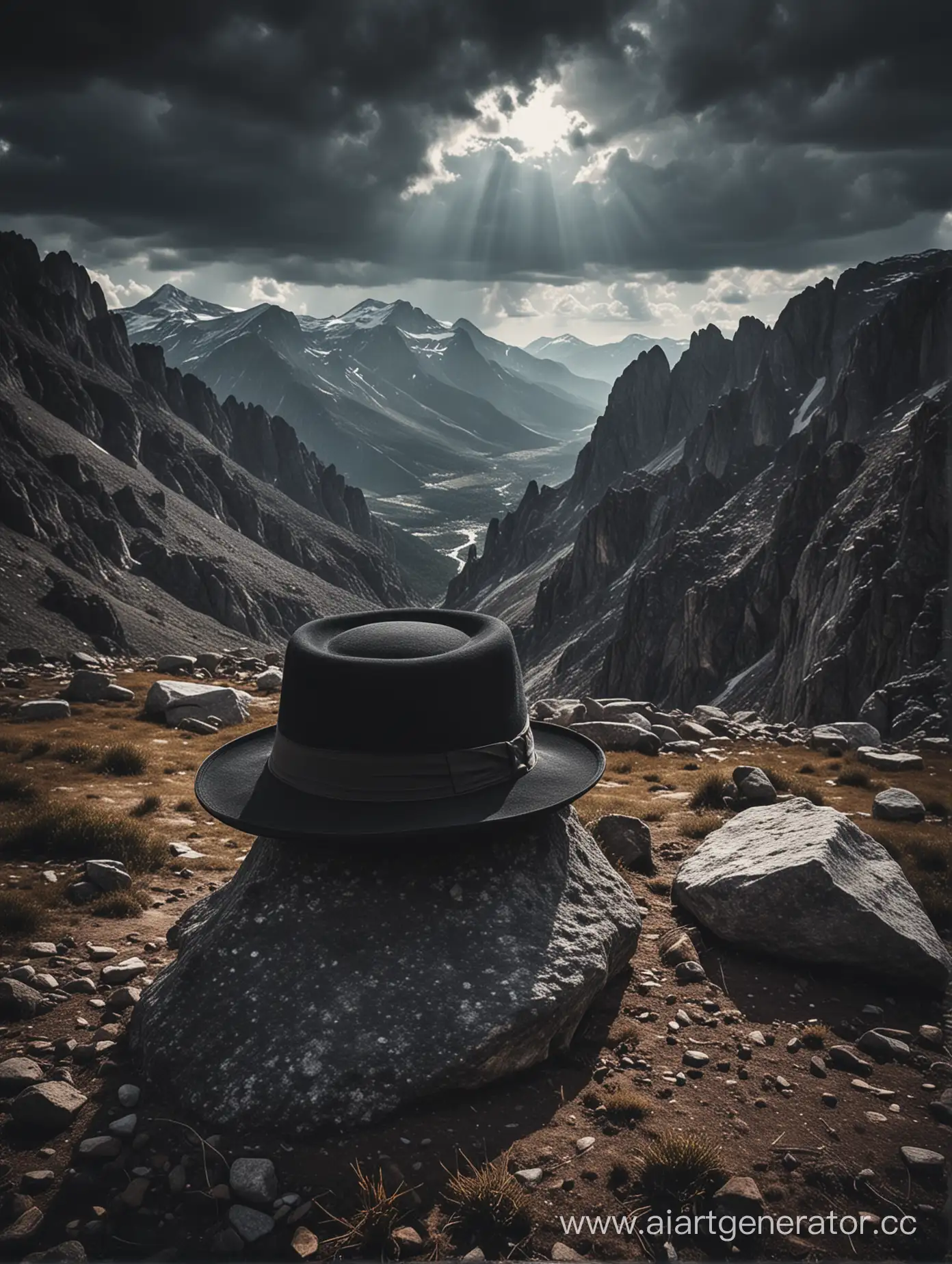 Spirit-of-the-Vagabond-Black-Hat-Amidst-Falling-Stones-and-Majestic-Mountains