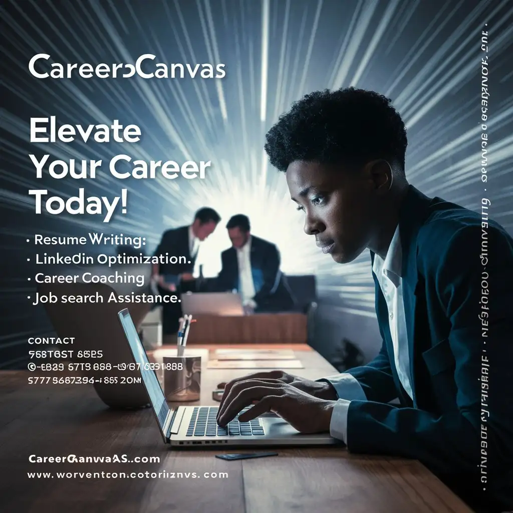 Front Side:

[Background Image: A sleek and modern office setting with a person working on their laptop, symbolizing career advancement]

Title: CareerCanvas - Elevate Your Career Today!

Services Offered:
- Professional Resume Writing
- LinkedIn Profile Optimization
- Career Coaching Sessions
- Job Search Assistance

Contact Information:
- Phone: 123-456-7890
- Email: info@careercanvas.com
- Website: www.careercanvas.com