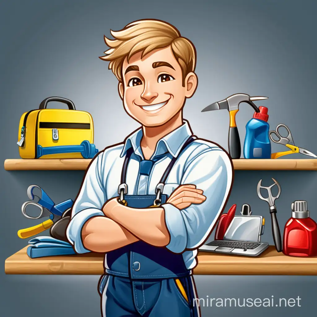 Develop a mascot logo for 28 years old boy."  dark blonde hair, cheerfull, smile,  The mascot, a 30-year-old man, symbolizes care and dedication. He wears attentive work attire, depicted in a pose suggesting care, and wears a gentle smile. Background elements like tools or a garage scene enhance the message of professionalism and empathy.