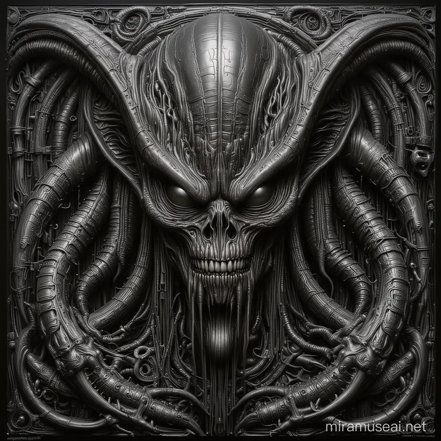 the giger alien done in the style of big daddy roth and rat fink