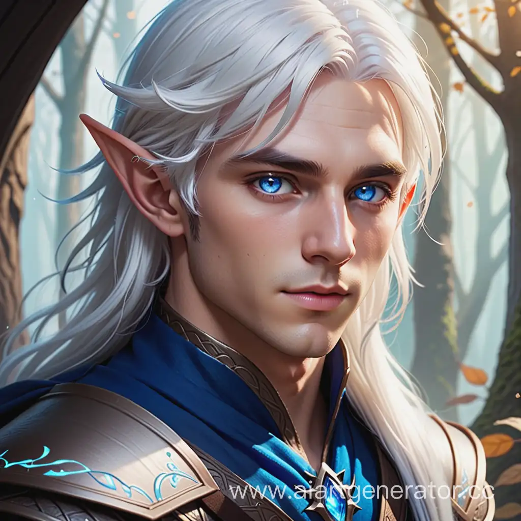 Create a male half-elf with white hair and blue eyes in a fantasy world