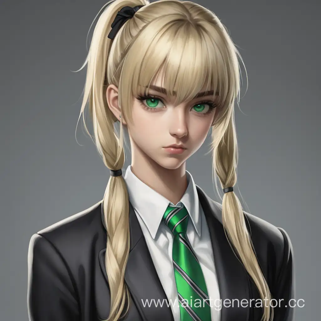 девушка блондинка 22  года  с зелеными глазами ,в черном пиджаке с зеленым галстуком , волосы в низкий боковой хвост с челкой , серьезный взгляд , стоит