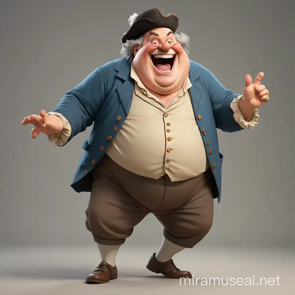 The old nasty and fat professor laughs at the competitor haughtily. He is dressed in 18th century style. WE see him full-length, with arms and legs. In the style of 3d animation, realism.