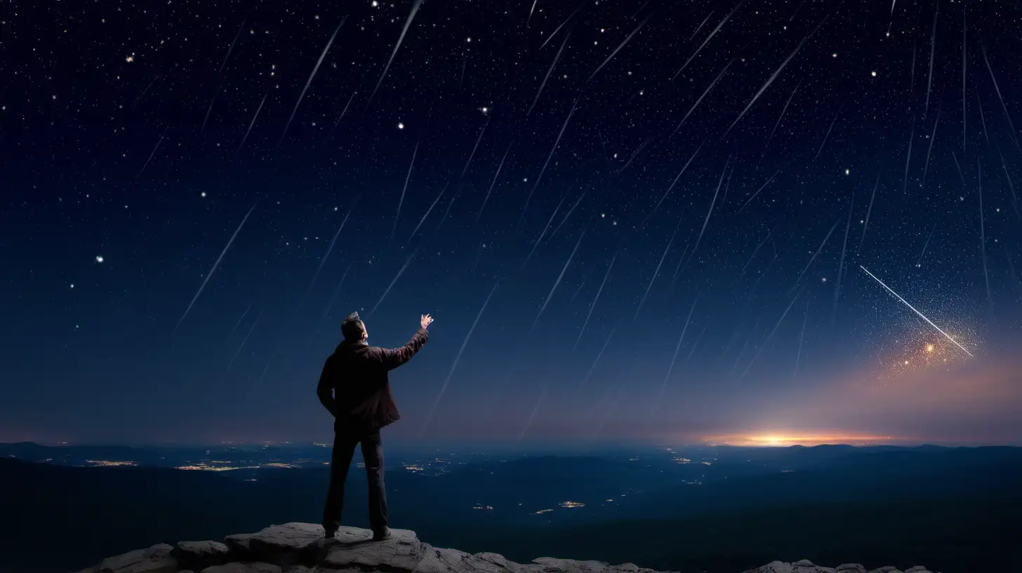 Man Enjoying Majestic Meteor Shower from Mountain Summit