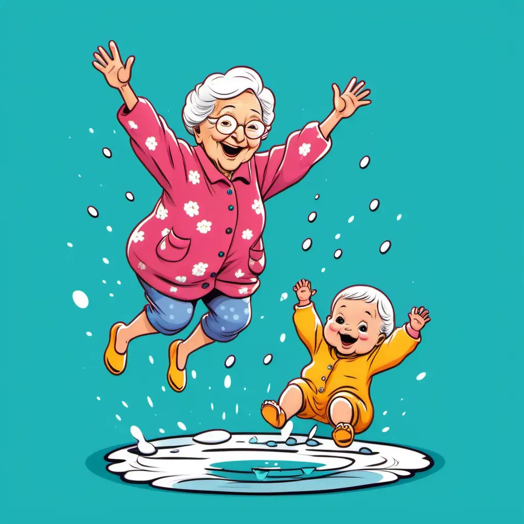 Joyful Cartoon Grandma and Baby Jumping in Puddle