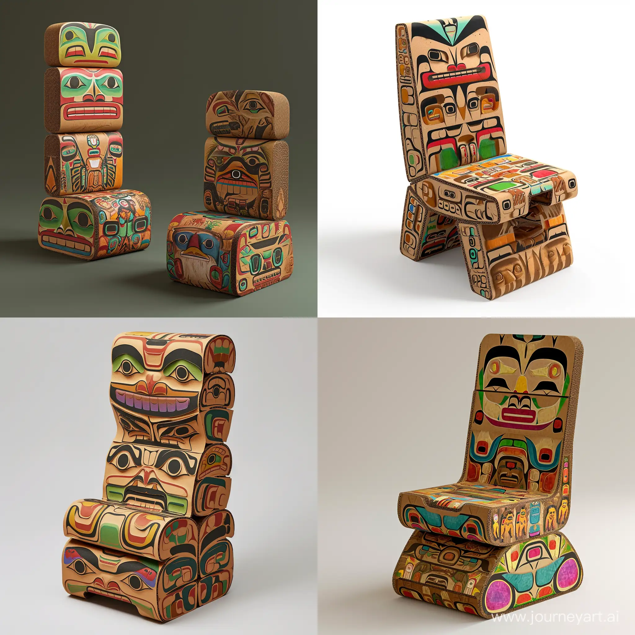  imagine small cute Totem Transformative Chair:Create an image of a children’s chair that blends ergonomic design with the vibrant, narrative-rich aesthetics of a totem pole. Each chair should have a gently curved seat, with an inclined backrest and slightly outward splayed legs for stability. When multiple chairs are stacked, they form a totem pole with interlocking grooves and ridges that secure each layer. The structure is composed of high-density recycled cardboard layered for strength. It’s coated with a child-safe sealant to make it durable and stain-resistant. Cushions on the seating surface should suggest eco-friendly foam covered with recyclable textile featuring culturally significant, digitally printed patterns. Earthy tones like rich browns, deep greens, muted reds, and ochre are to be used, with raised tactile details for the totem segments – animals and cultural motifs – rendered in a style that is both authentic and appealing to the modern, youthful eye. Edge banding on the cardboard protects from moisture and aids durability. Emphasize the dual functionality as both an educational tool and a practical piece of furniture, showcasing sustainability and cultural education in its design.realistic style