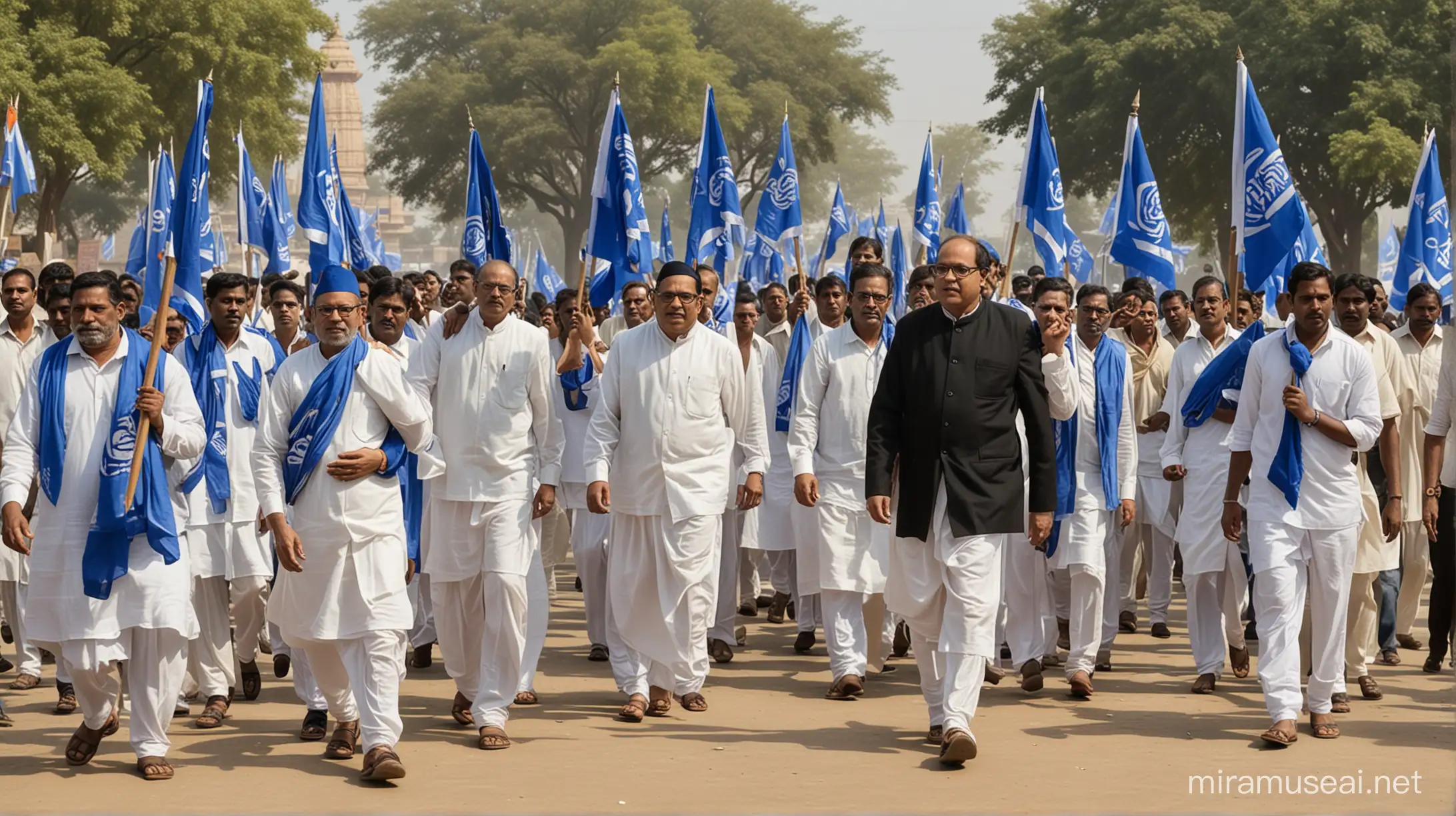 Dr Babasaheb Bhimrao Ambedkar Leading Dalit Protest with Blue Flags near Temple