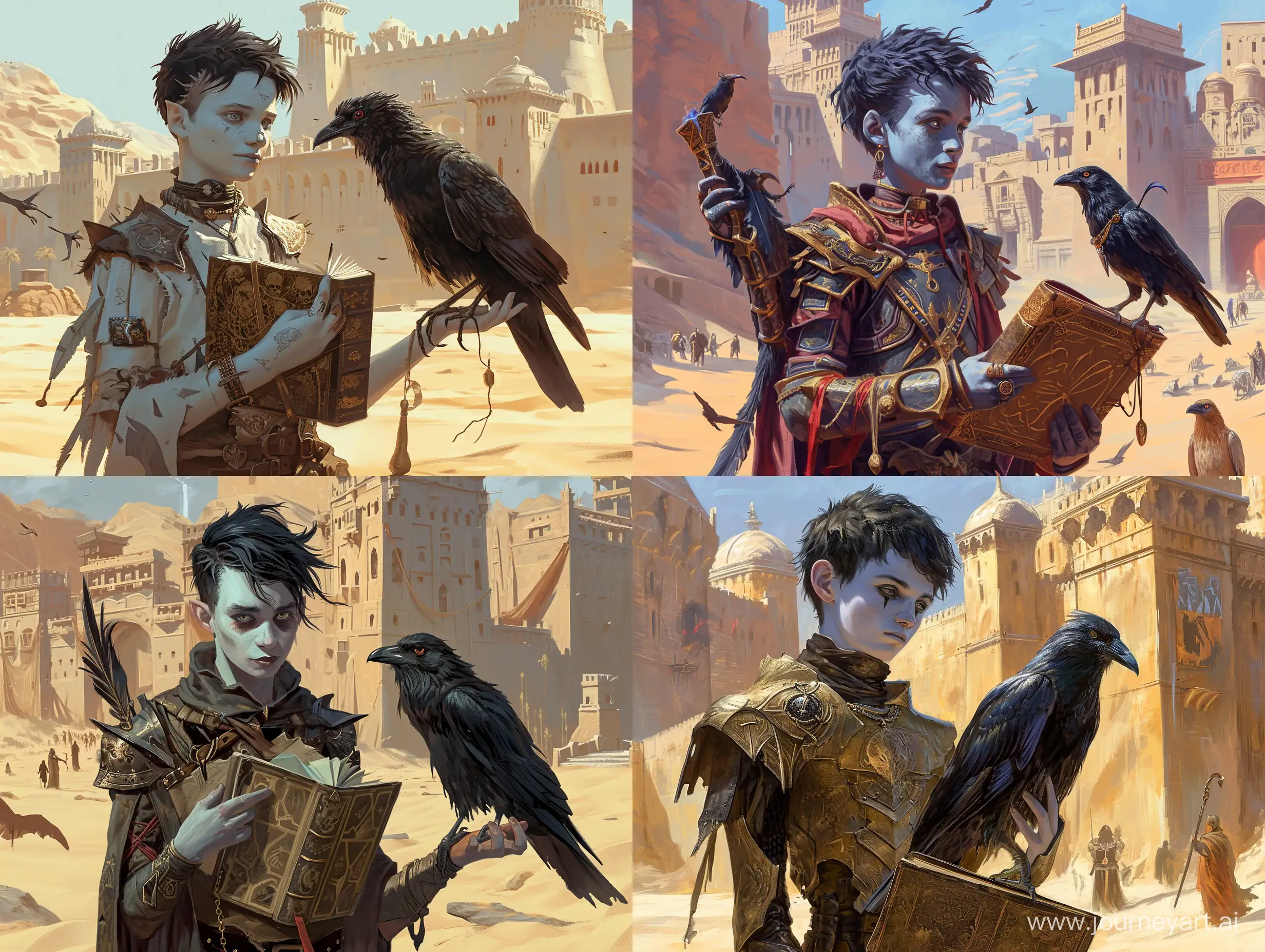 young male teenage wizard human, with pale skin with black hair, with a magical crow and an old spellbook, innocent looking, in front of a university of a rich city with big walls in the middle of the desert, high resolution, fantasy world, dungeons and dragons