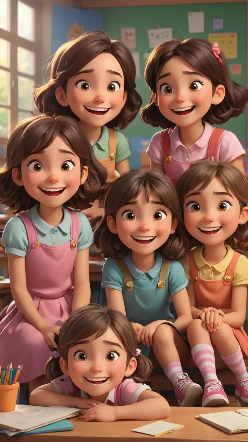 Create a 3D illustrator of an animated scene where a four little girls smiling, sarcastically, sitting in their places in the classroom. Beautiful, colourful and spirited background illustrations.