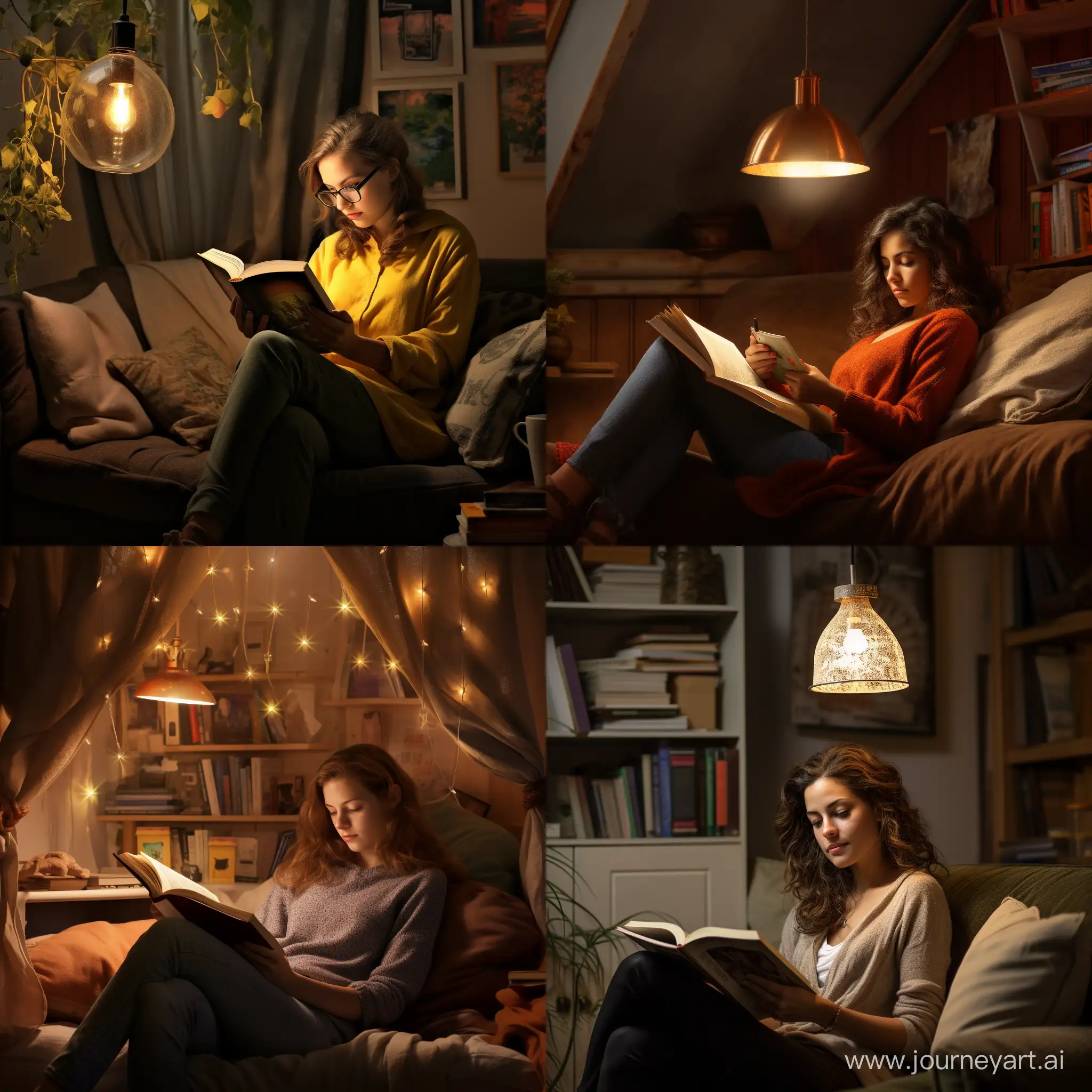 a 30 years old woman reading book in the her home room under light of pendant light while resting on the coach